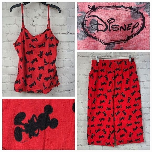 Disney Mickey Mouse 2pc Cami PJs Pajama Set Red Black Silhouette Loungewear - Picture 12 of 12